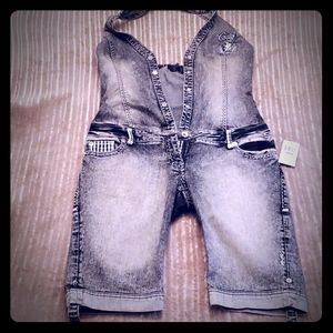 COOGI Washed Denim Halter Jumpsuit Romper in Faded Black/Grey